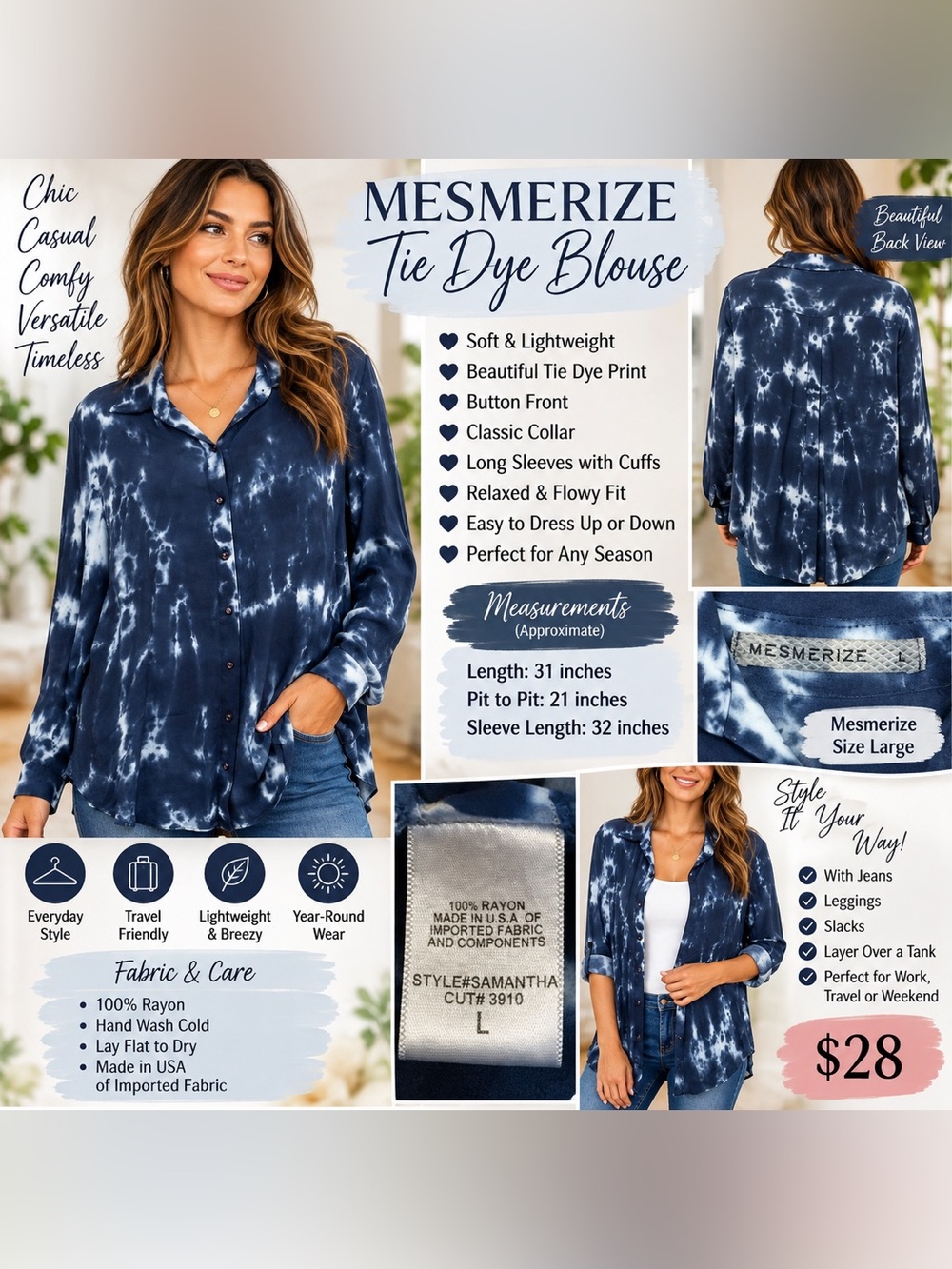 Women's Navy Tie-Dye Button-Down Shirt